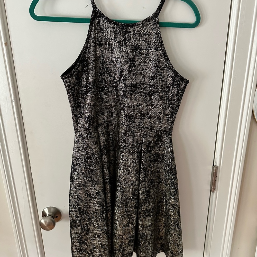 Soprano Black and Gold Printed Skater Dress